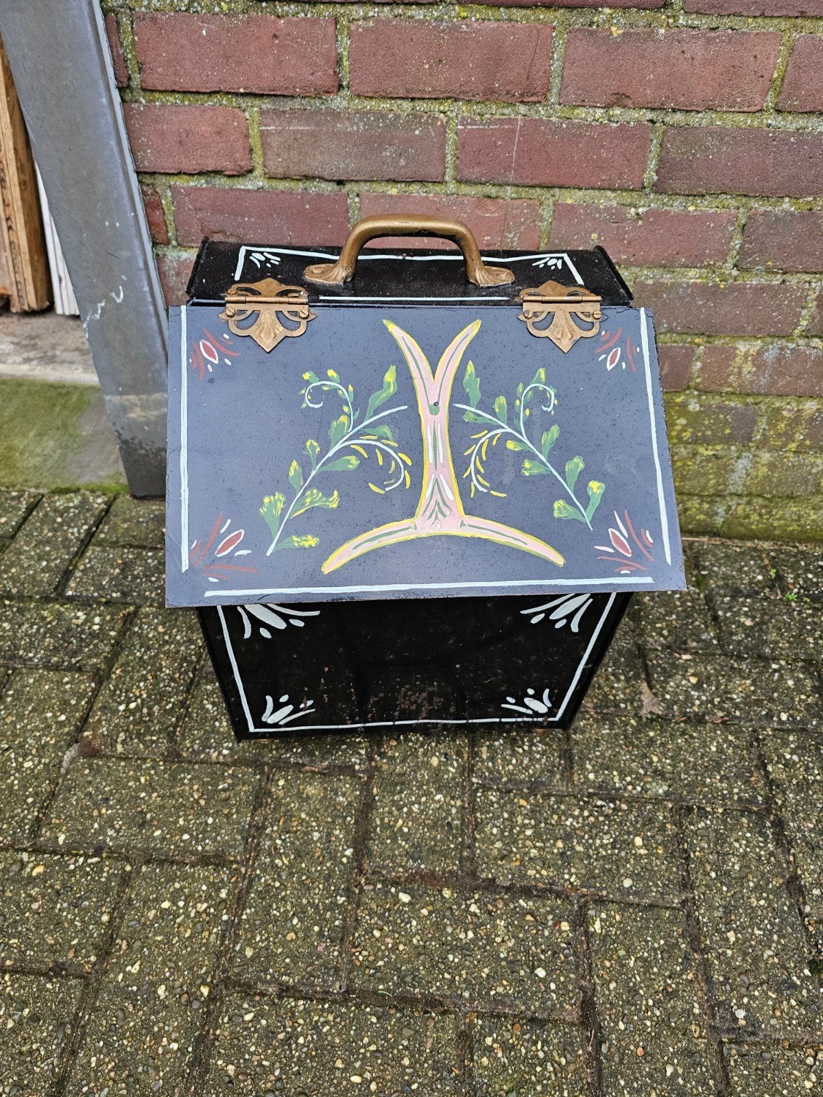 Antieke turfbak met handgeschilderde decoratie, Ophalen of Verzenden