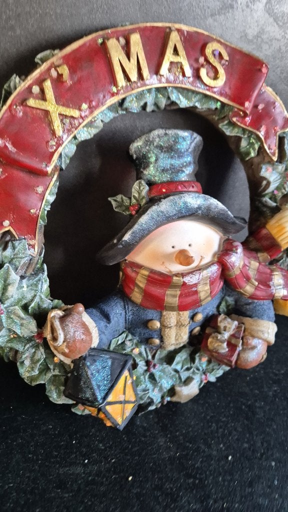 Kerstkrans, resin, sneeuwman, LED lampjes en geluid. S47, Diversen, Tweedehands verkoop, Tweedehands verkoop, Gebruikt, Ophalen of Verzenden