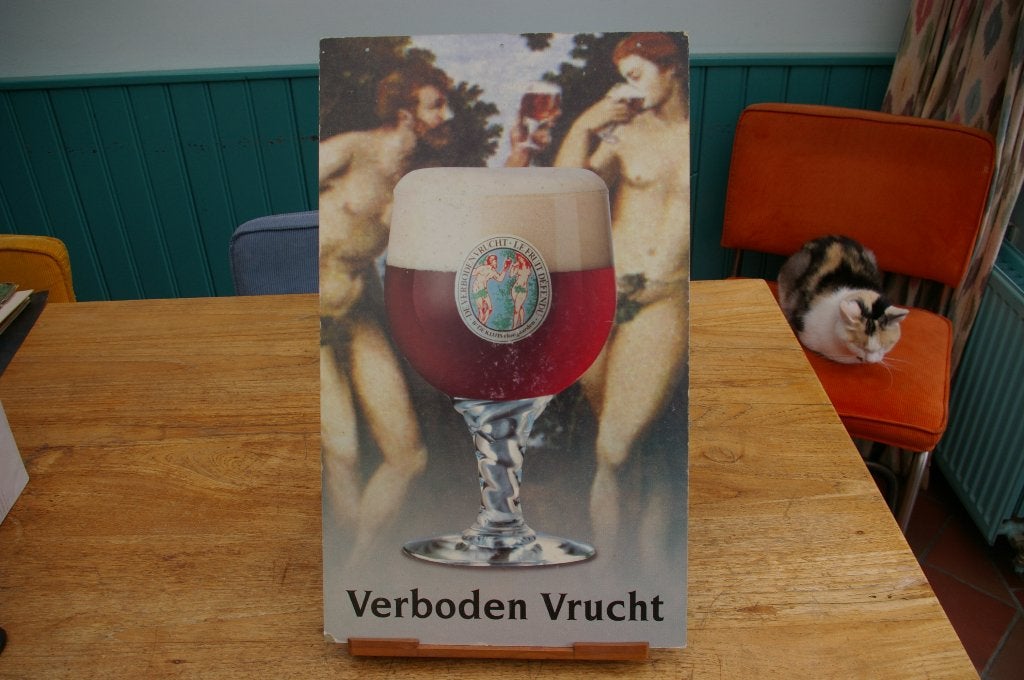 Belgische bierreclame VERBODEN VRUCHT, Verzamelen, Ophalen of Verzenden, Gebruikt, Reclamebord, Plaat of Schild, Overige merken