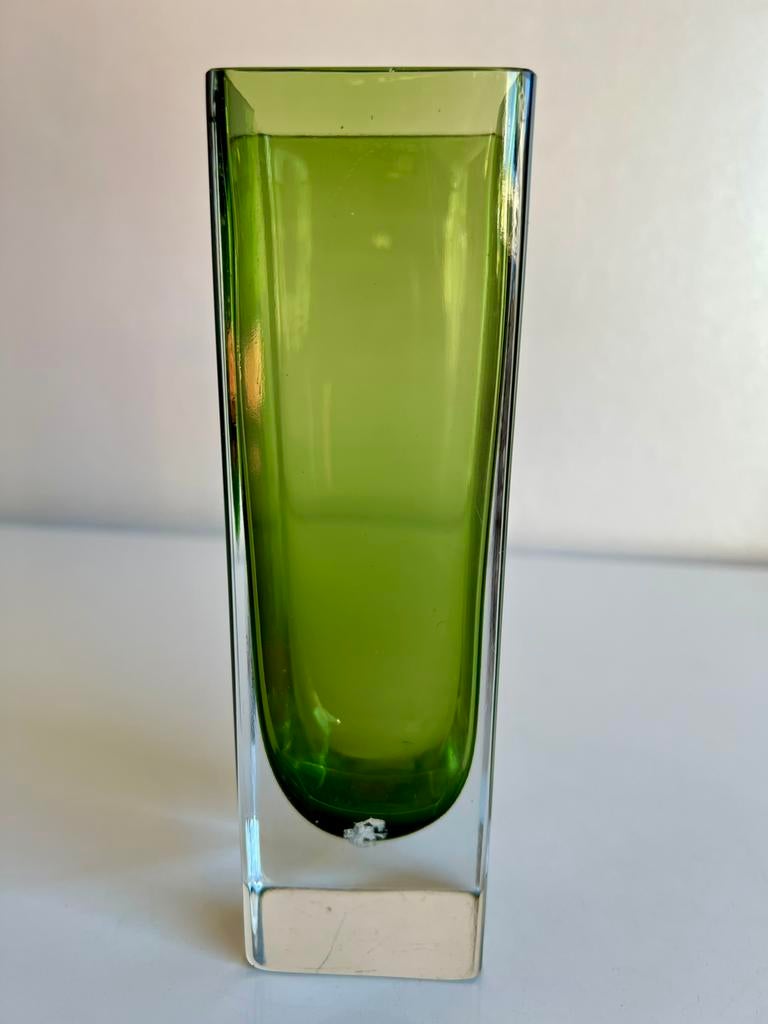 Vintage Groot Somerso Murano Blokvaas Olijfgroen Mandruzzato, Antiek en Kunst, Ophalen of Verzenden