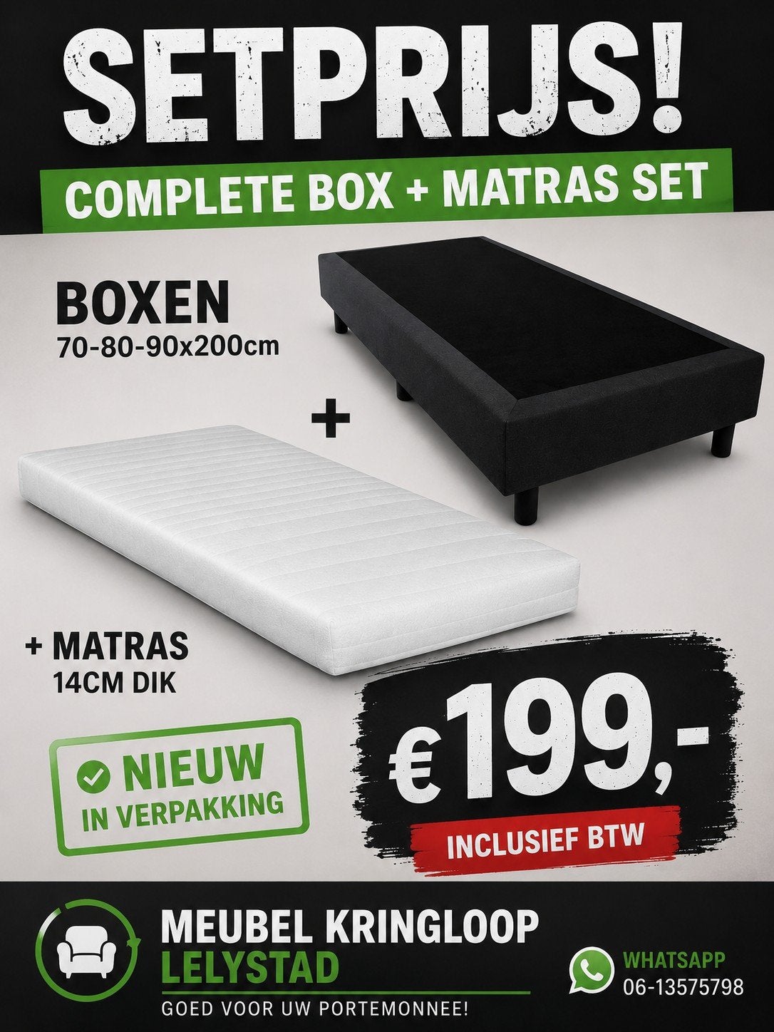 partij matras + boxspring 70-80-90x200x14cm, 90 cm, Eenpersoons, ., Nieuw
