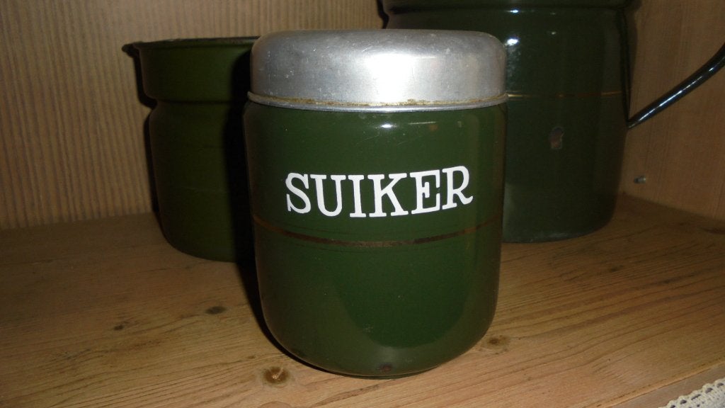 donkergroen emaille suikerbus met bies, Antiek en Kunst, Ophalen