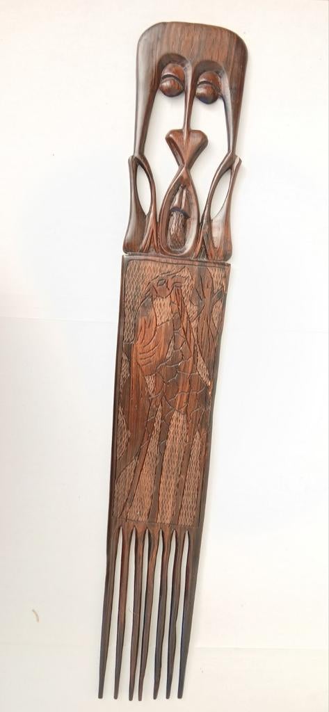 Vintage Afro Comb Oude Haarkam Hout Afrika Kunst Giraffe #2, Houtsnijwerk, Handgemaakt, Scène, Hout