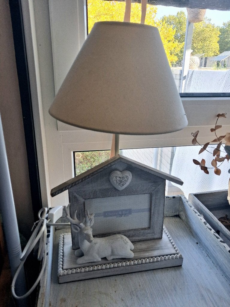 Clayre & Eef tafellamp hert hout huis fotolijst, Overige merken, Met schakelaar, Nieuw, Sfeerlamp