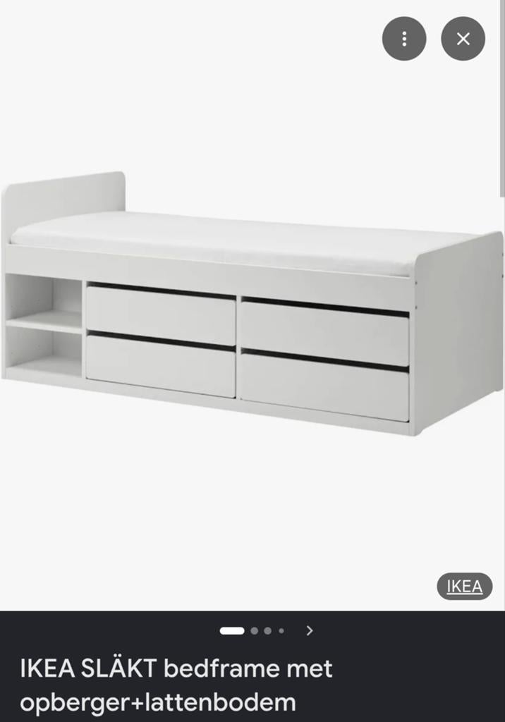 IKEA SLÄKT bedframe met opberger en lattenbodem, Gebruikt, 90 cm, Eenpersoons, Wit
