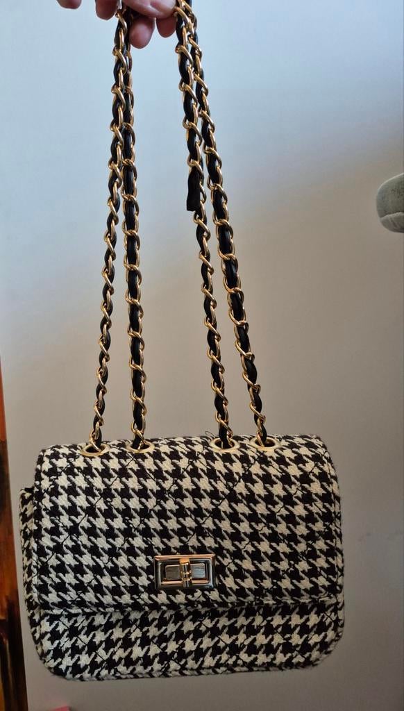 Geruit zwart wit/creme tweed tasje Handtas schoudertas, Ophalen of Verzenden, Zo goed als nieuw, Wit, Handtas
