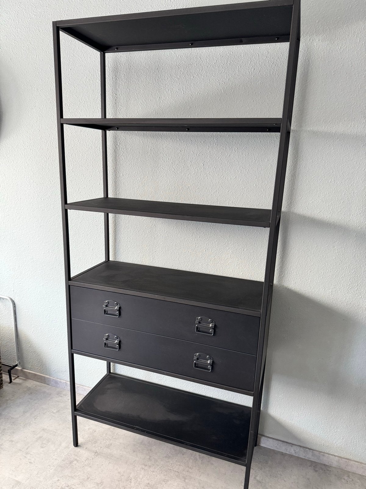 Zwart metalen (stelling) kast met lades en planken, Ophalen, Gebruikt, 200 cm of meer, 50 tot 100 cm