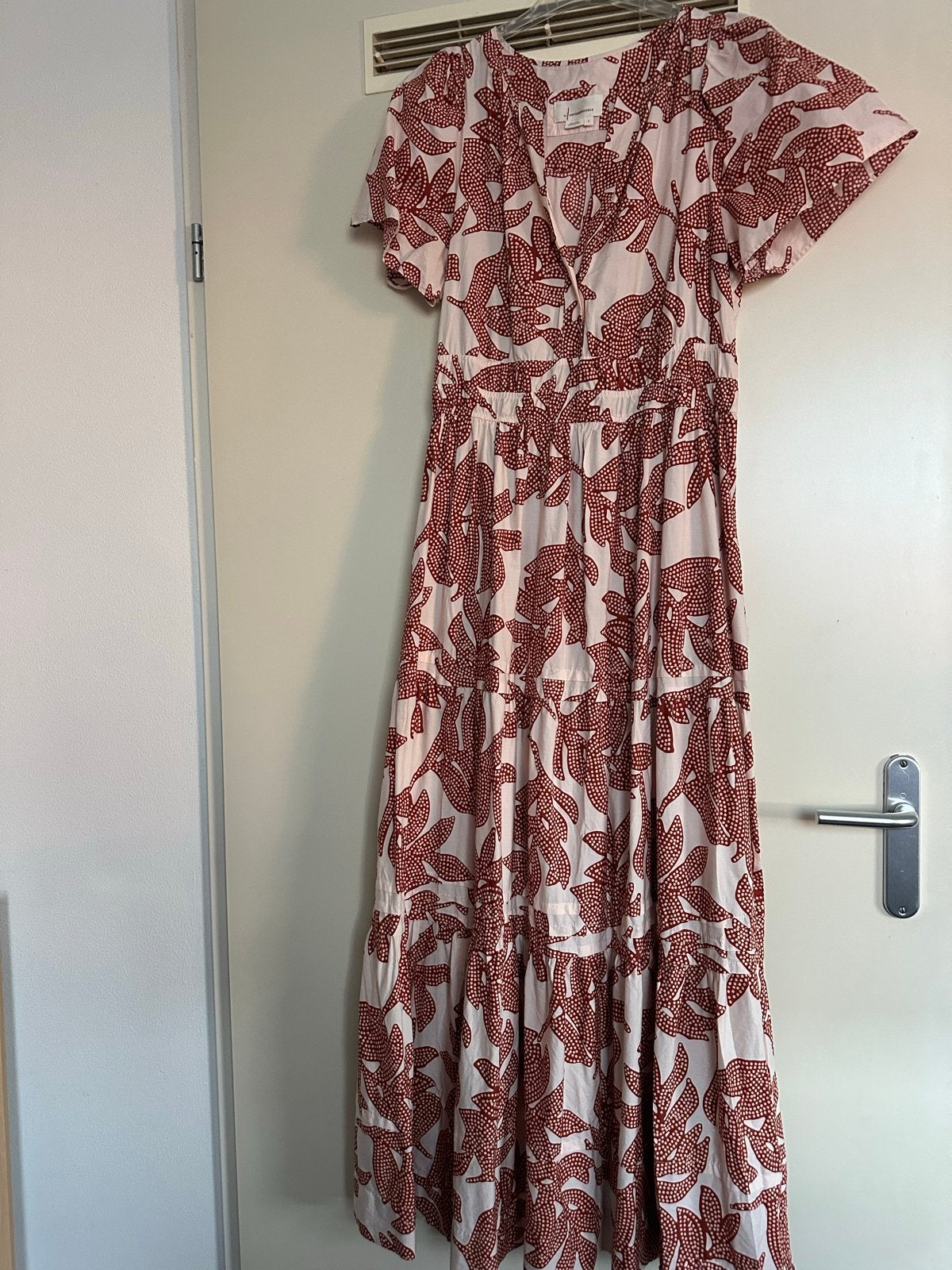 Anthropologie jurk met bladerenprint en steekzakken maat L, Ophalen, Wit, Maat 42/44 (L), Gedragen