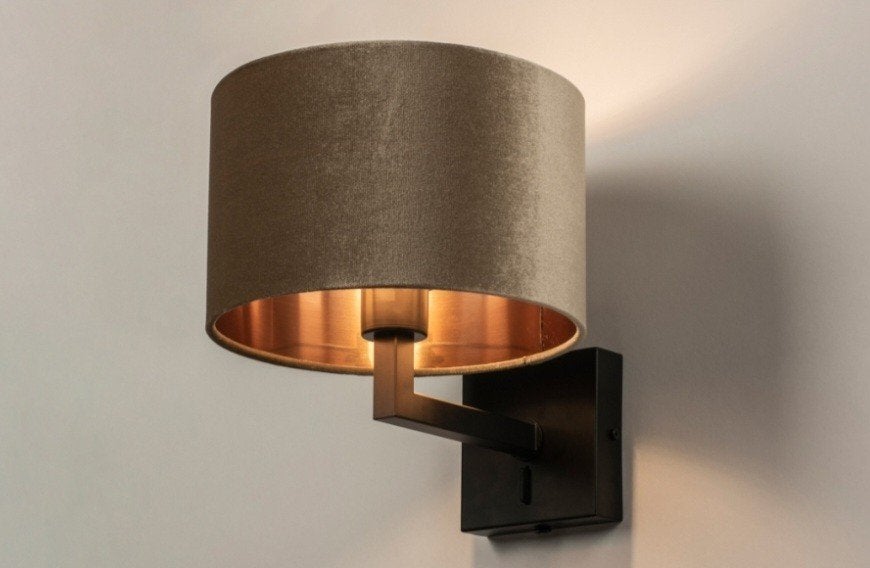 Zwarte wandlamp met luxe taupe velvet lampenkap, Overige materialen, Nieuw, Overige merken, Dimbaar
