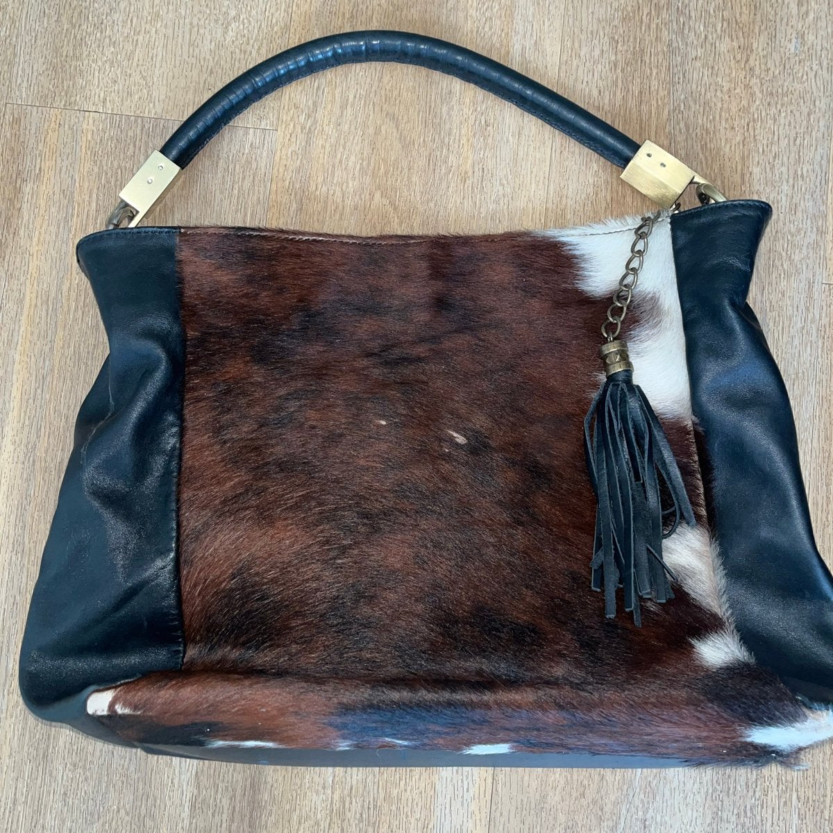 Leren Handtas met Koeienhuid - Zwart/Bruin, Ophalen of Verzenden, Zo goed als nieuw, Zwart, Handtas