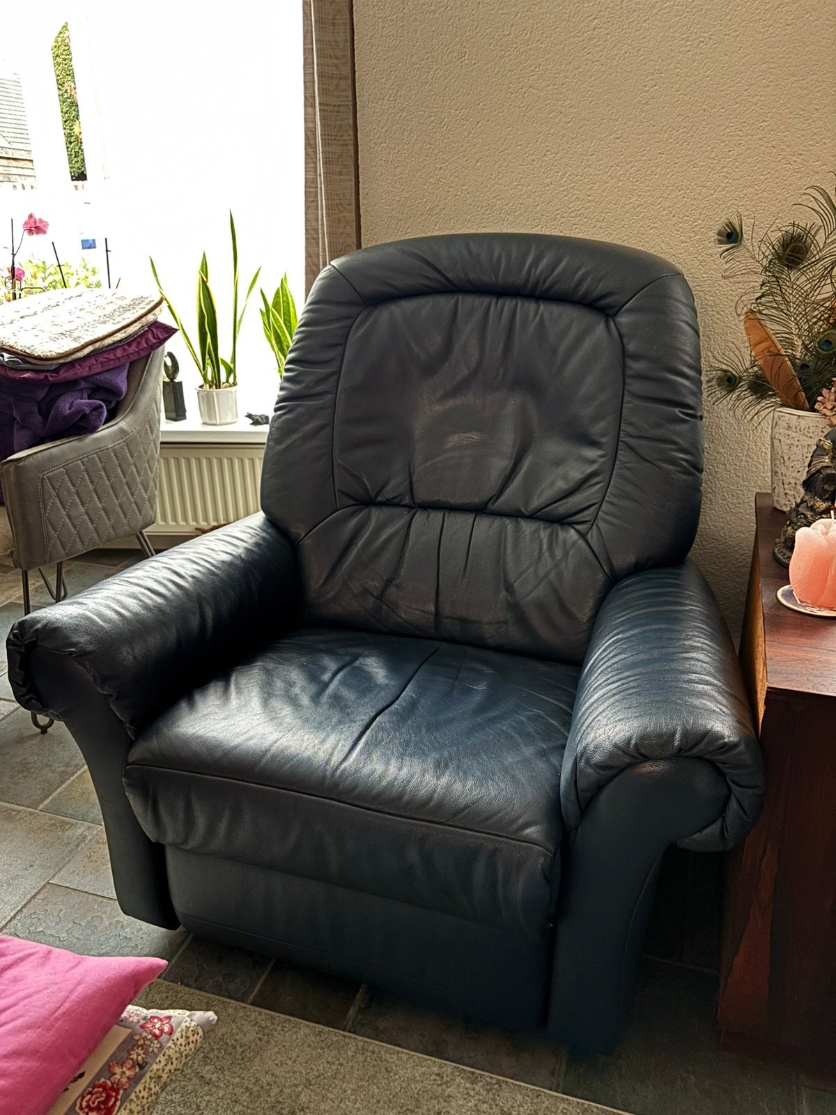 Relaxfauteuil Himolla donkerblauw leder, Huis en Inrichting, Ophalen, Gebruikt, Minder dan 75 cm, Leer