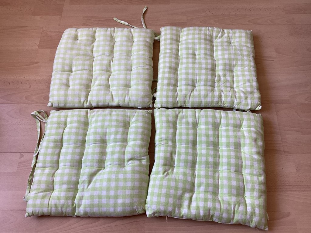 4 matraskussens, zitkussens, kussens groen ruitje 38 x 38 cm, Ophalen of Verzenden, Gebruikt, Groen, Vierkant
