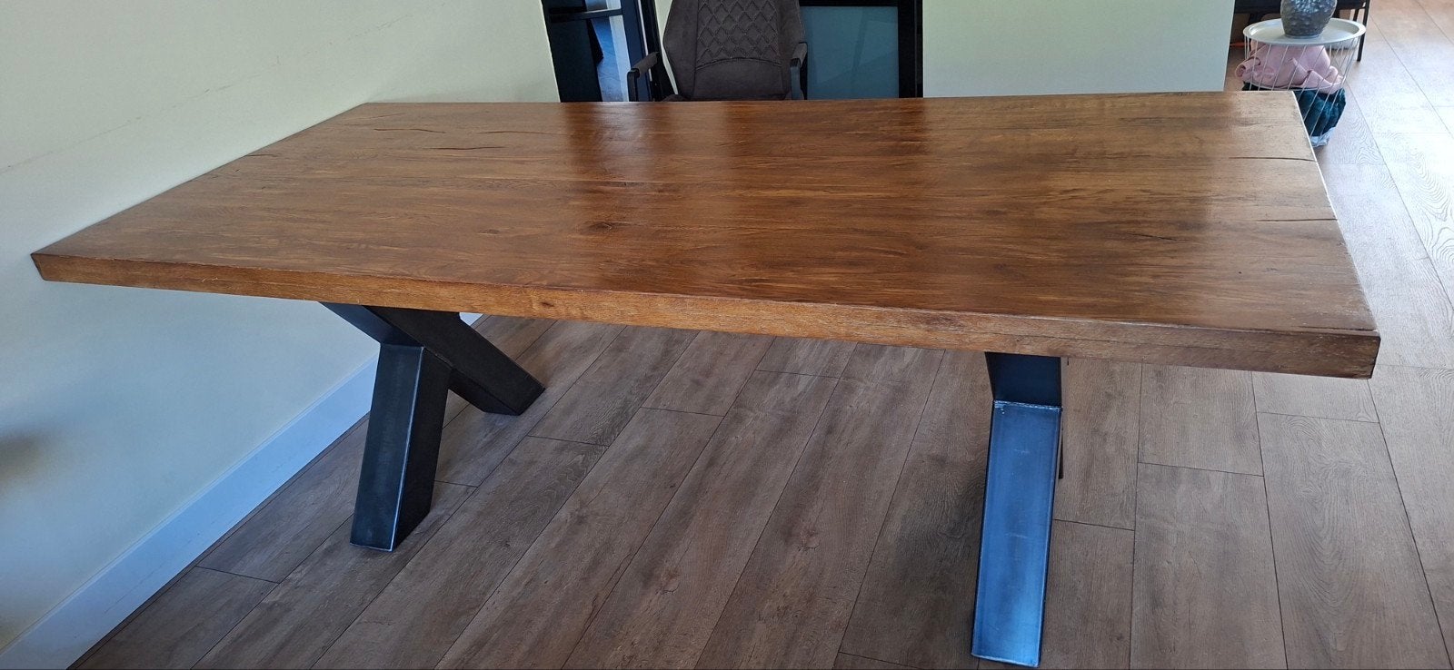 industriële eettafel., Ophalen, 100 tot 150 cm, 200 cm of meer, Zo goed als nieuw