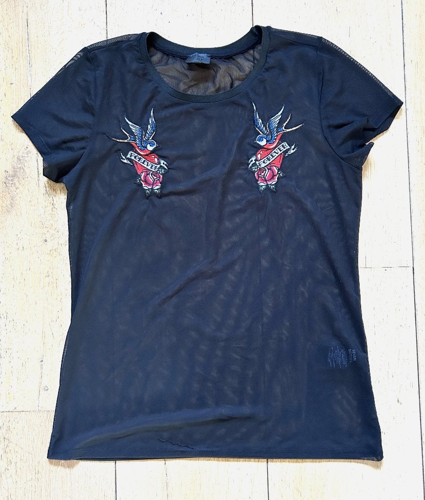 Seven Sisters gazen t-shirt zwart met rode applicaties mt M, Maat 38/40 (M), Seven Sisters, Zwart, Ophalen of Verzenden