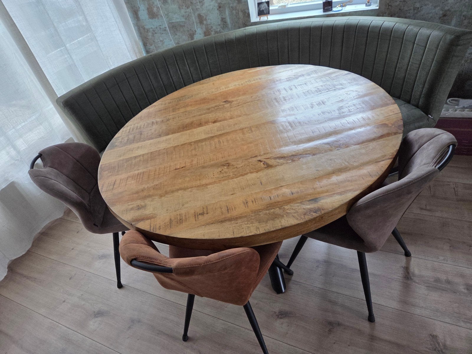 Leuke ronde eethoek met bank + 3 stoelen, Ophalen, 100 tot 150 cm, 200 cm of meer, Vijf personen of meer