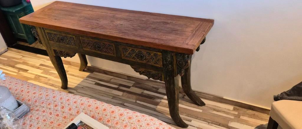 Uniek Oosterse Handgesneden houten sidetable / wandtafel, Huis en Inrichting, Tafels | Sidetables, Gebruikt, 25 tot 50 cm, 100 tot 150 cm