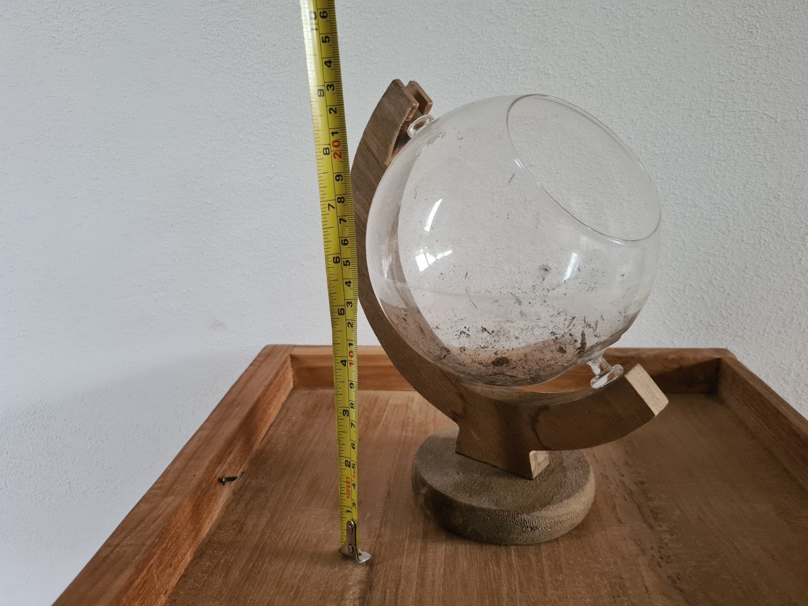 Glazen terrarium/windlicht op houten standaard, Ophalen, Zo goed als nieuw, Glas