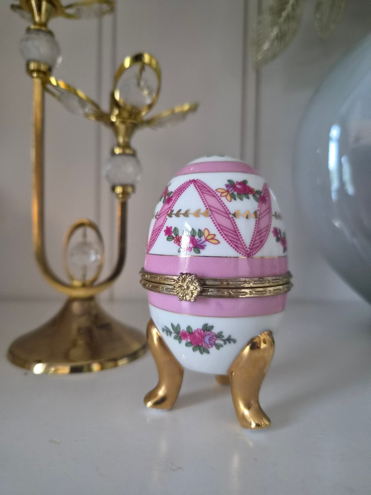 Vintage Porseleinen Faberge Ei - Roze Bloemen & Goud, Ophalen of Verzenden