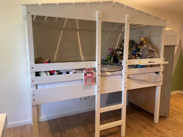 Wit halfhoogslaper kinderbed, stevig en compleet, Ophalen, 100 cm, Eenpersoons, Zo goed als nieuw