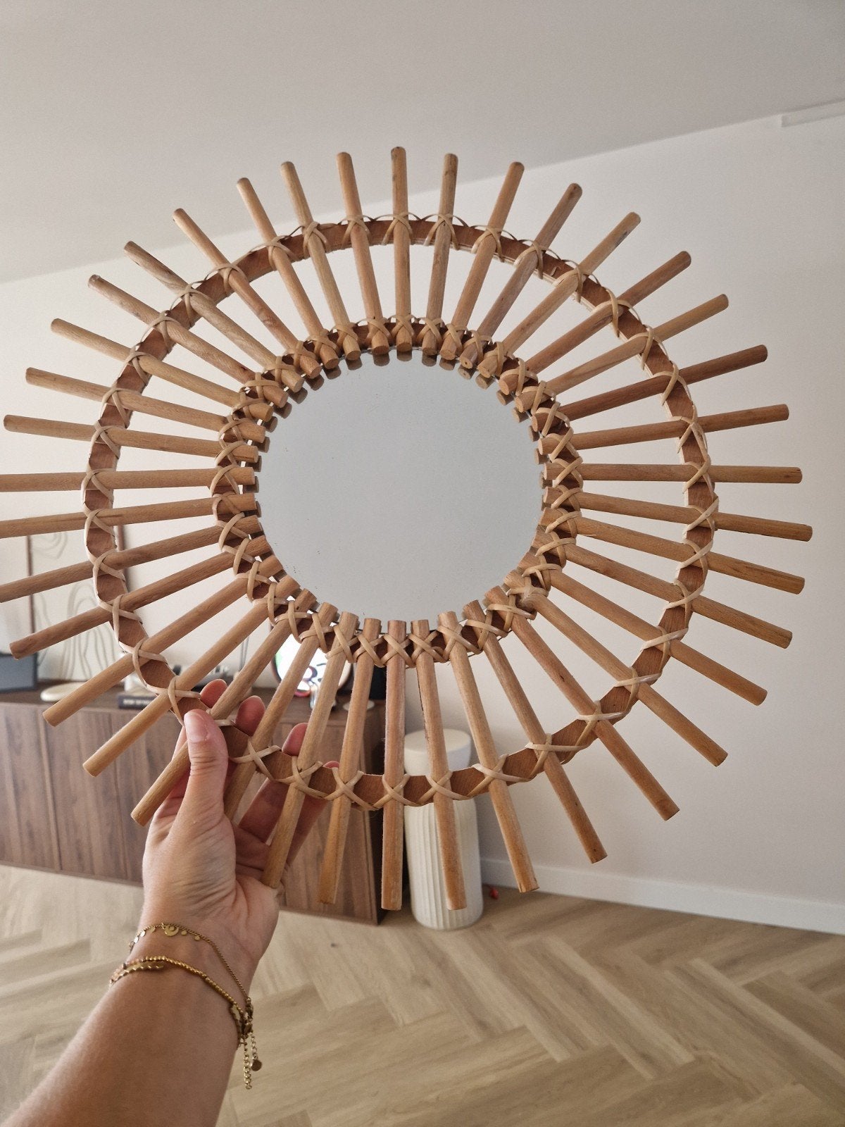 Rotan spiegel zon 40cm, Huis en Inrichting, Woonaccessoires | Spiegels, Ophalen, Minder dan 50 cm, Gebruikt, Rond