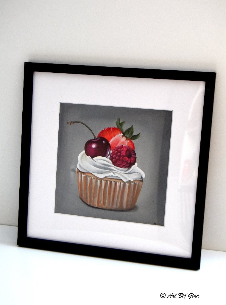 Cupcake Heaven, ingelijst taartje geschilderd op doek, Antiek en Kunst, Acrylverf, Stilleven, Gelimiteerde oplage, Ophalen of Verzenden