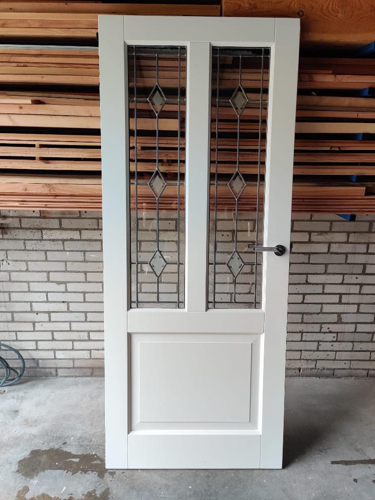 Hard houten stompe deur met glas in lood, Ophalen, Gebruikt, 80 tot 100 cm, Binnendeur