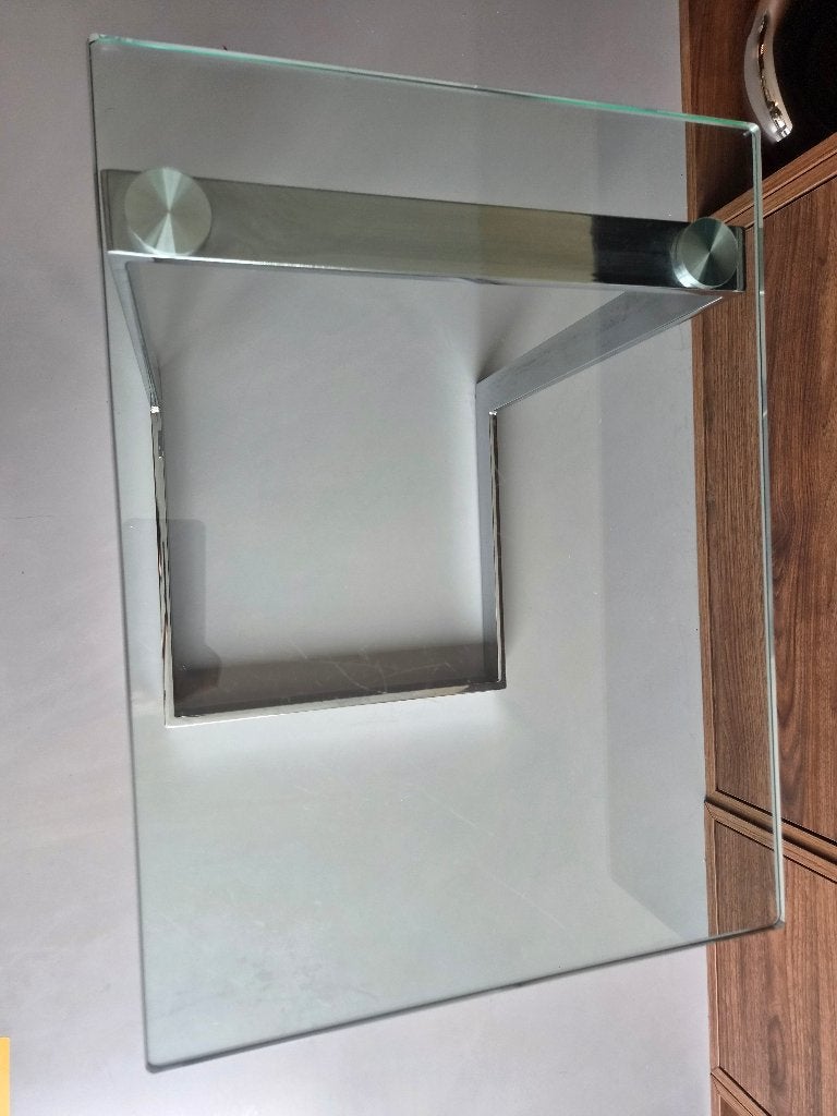 Gebra glazen chromen bijzettafel €15,-, Minder dan 55 cm, Gebruikt, Rond, Glas
