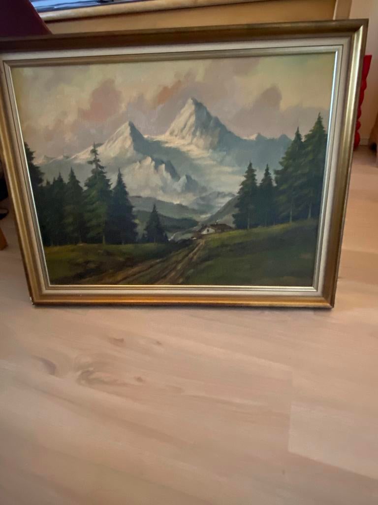 Schilderij Berglandschap met Gouden Lijst, Antiek en Kunst, Kunst | Schilderijen | Klassiek, Ophalen