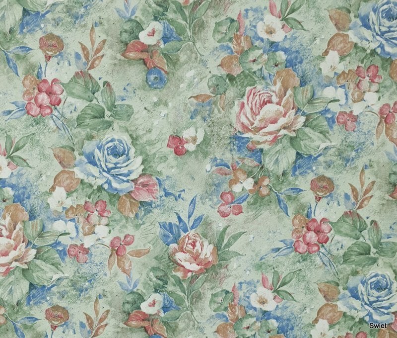 12866 Brocante bloemenbehang met blauw en roze bloemen swiet, Ophalen of Verzenden, Groen