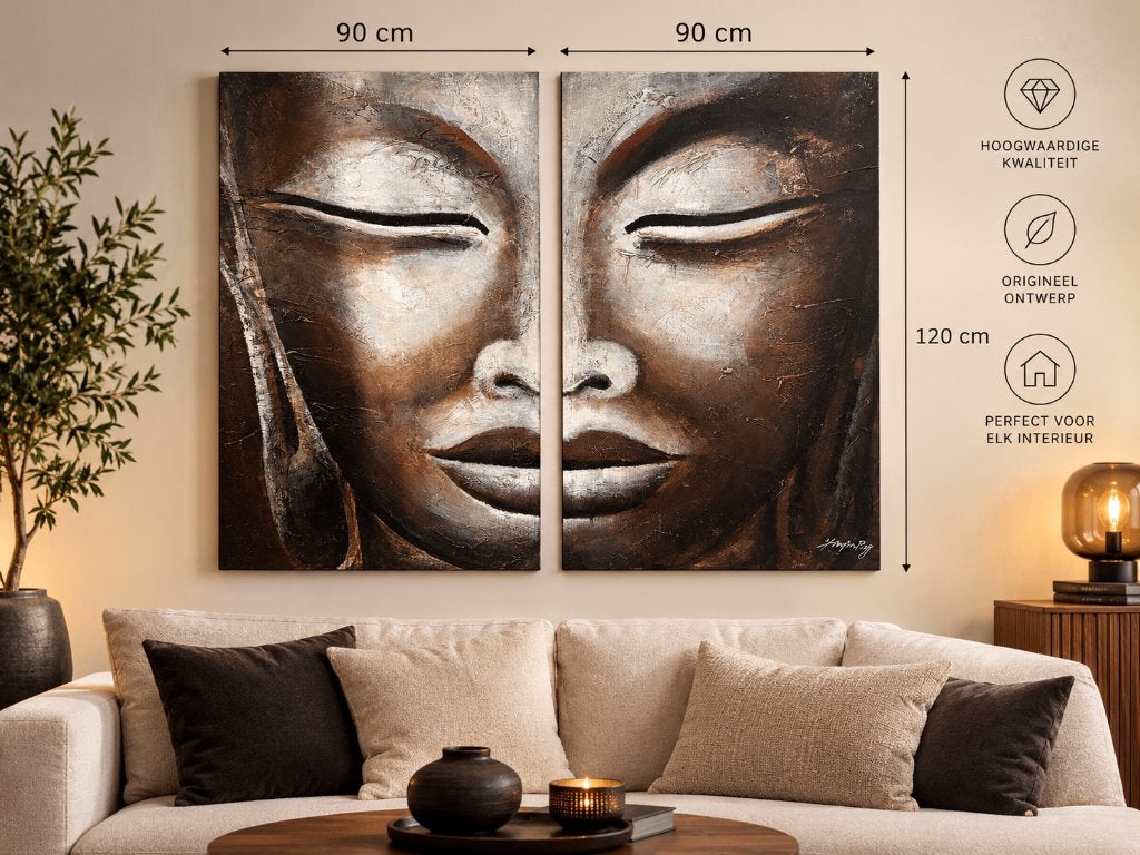 Boeddha Schilderij - 2 doeken van 90x120 cm, Ophalen, Abstract, Acrylverf, Handgeschilderd