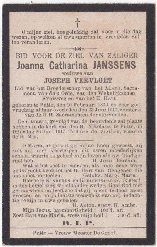 Joanna C. Janssens 1830 Putte + 1917 Putte, 87 jaar oud, Verzamelen, Bidprentjes en Rouwkaarten, Ophalen of Verzenden