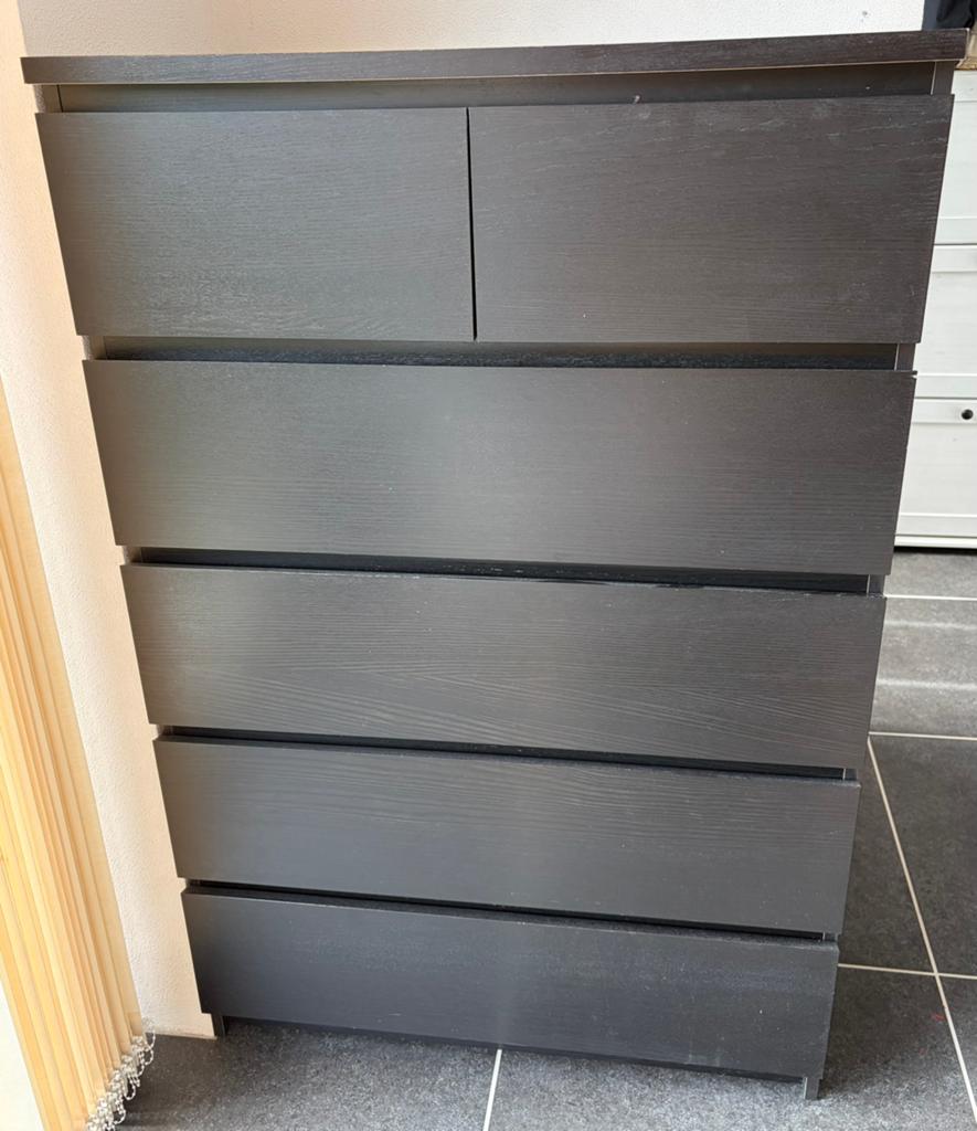 Ladekast 6 lades Ikea Malm zwartbruin, Huis en Inrichting, Kasten | Ladekasten, Gebruikt, 5 laden of meer, 100 tot 150 cm, 25 tot 50 cm