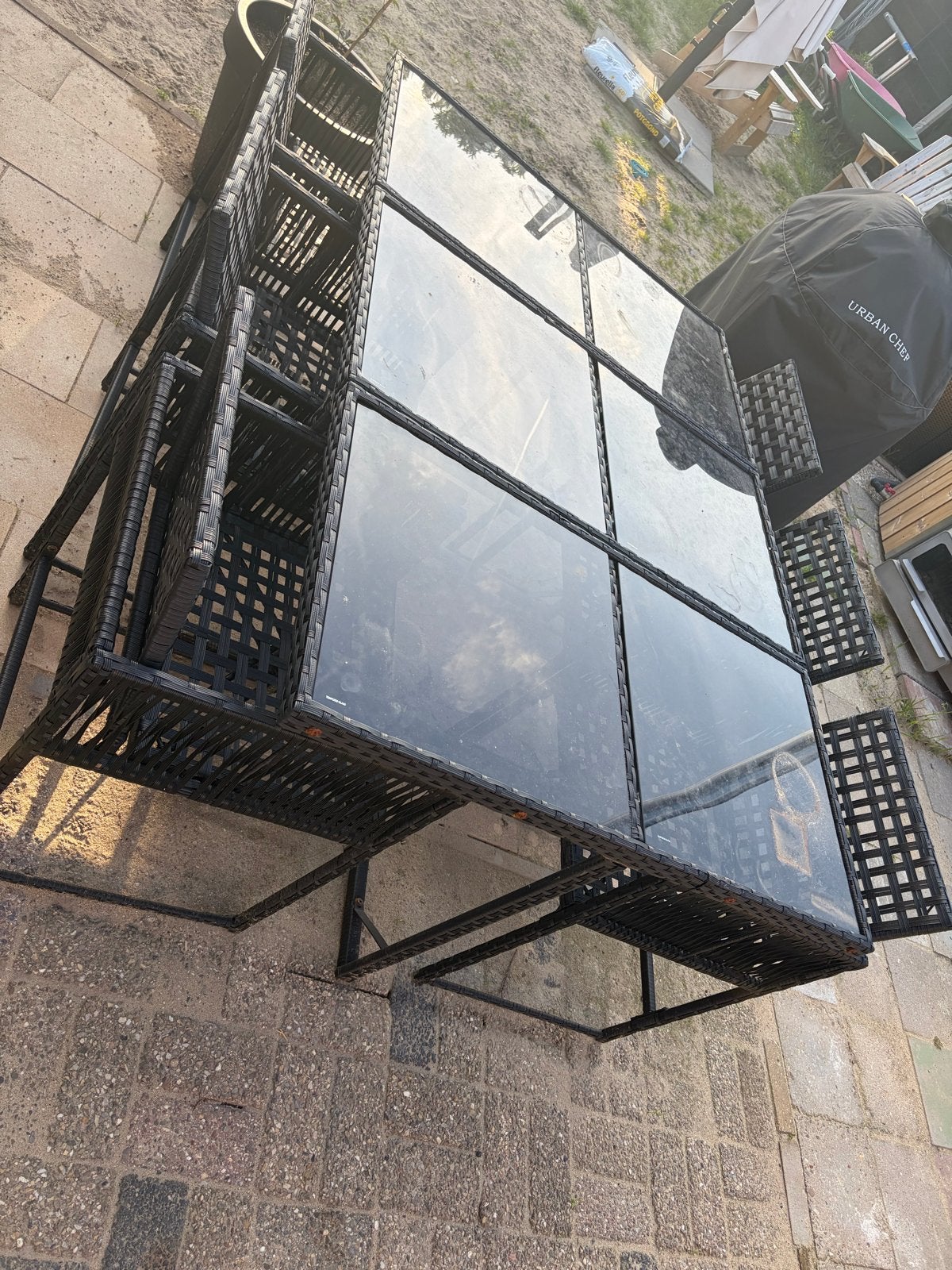 tuinset met glazen/stalen tafel en 6 stoelen, Ophalen, Gebruikt, Eettafel, 6 zitplaatsen