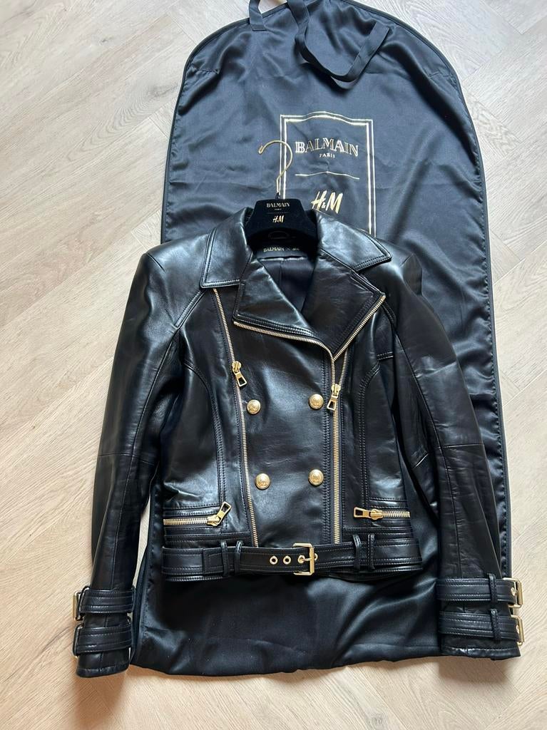 Balmain x H&M leren jas maat 38, Ophalen, Zo goed als nieuw, Maat 38/40 (M), Zwart