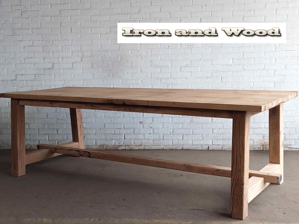 Oud eiken wagondelen maatwerk tafel/kloostertafel met A poot, Ophalen, Nieuw, Hout
