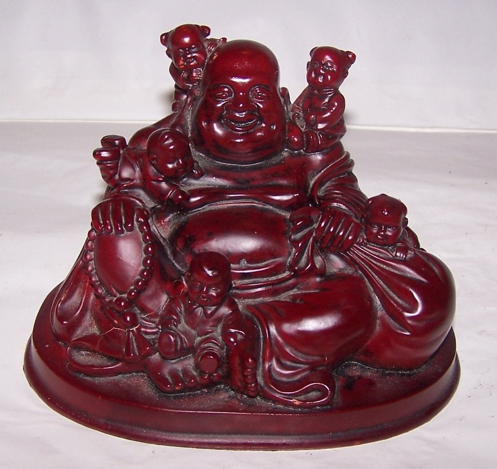 Prachtig beeldje lachende Boeddha met 5 kinderen. 8x15cm.Nws, Antiek en Kunst, Ophalen of Verzenden
