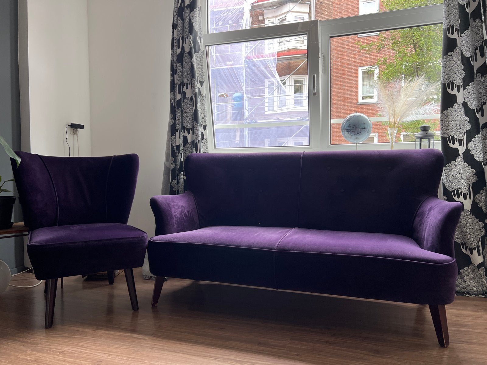 Paarse velvet bank + fauteuil - retro/vintage design, Ophalen, Gebruikt, Minder dan 75 cm, 150 tot 200 cm