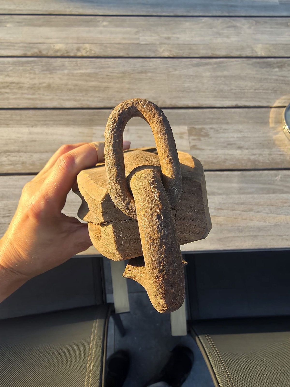 Antieke houten katrol met ijzeren beslag, Ophalen of Verzenden