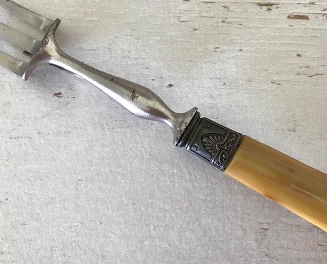 Antieke Franse vleesvork en mes met benen heft in doos, Antiek en Kunst, Ophalen of Verzenden