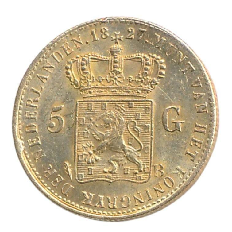 Nederland 5 Gulden 1827 Brussel Koning Willem 1, 1 gulden, Koning Willem I, Losse munt, Goud