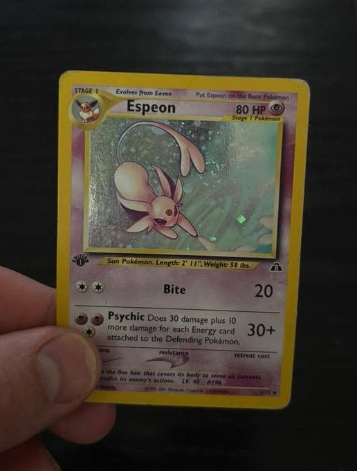First edition Neo Discovery Espeon 1/75 pokemon kaart, Ophalen of Verzenden, Zo goed als nieuw, Meerdere kaarten