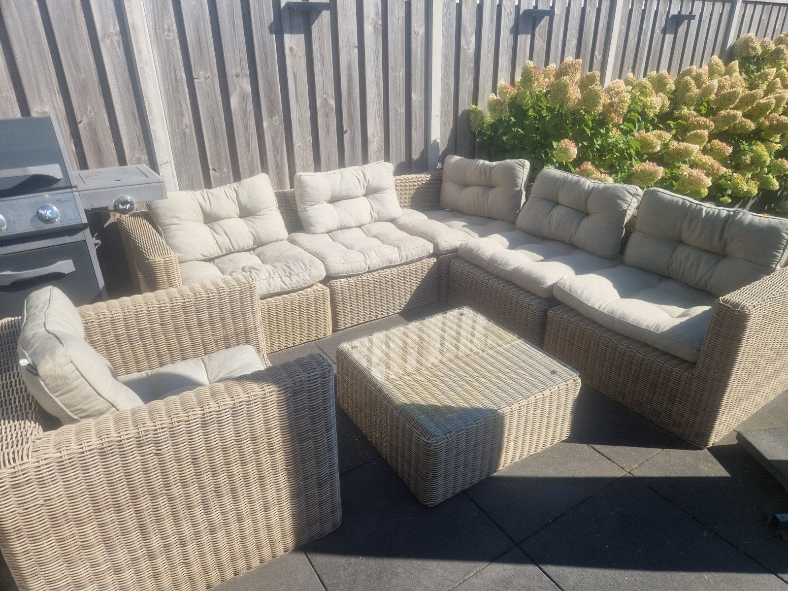 Loungeset met Madison kussens, Tuin en Terras, Ophalen, Gebruikt, Bank, 6 zitplaatsen