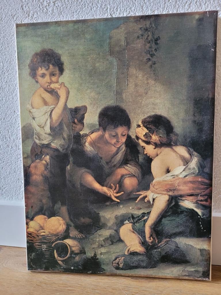 Decoratieve print Murillo 'dobbelende bedelknaapjes', Antiek en Kunst, Ophalen of Verzenden