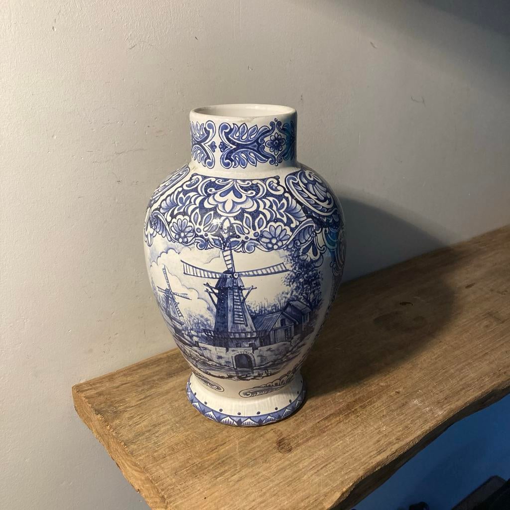 Prachtige Delfts Blauwe Vaas met Molen Afbeelding, Ophalen of Verzenden
