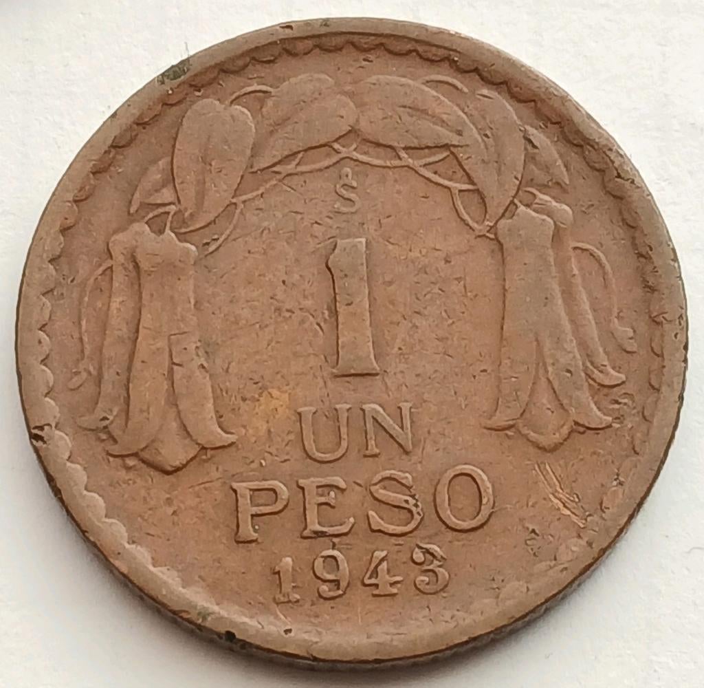 1 Peso 1943 Chile Oude Vintage Munt Tweede Wereldoorlog WO2, Ophalen of Verzenden, Zuid-Amerika