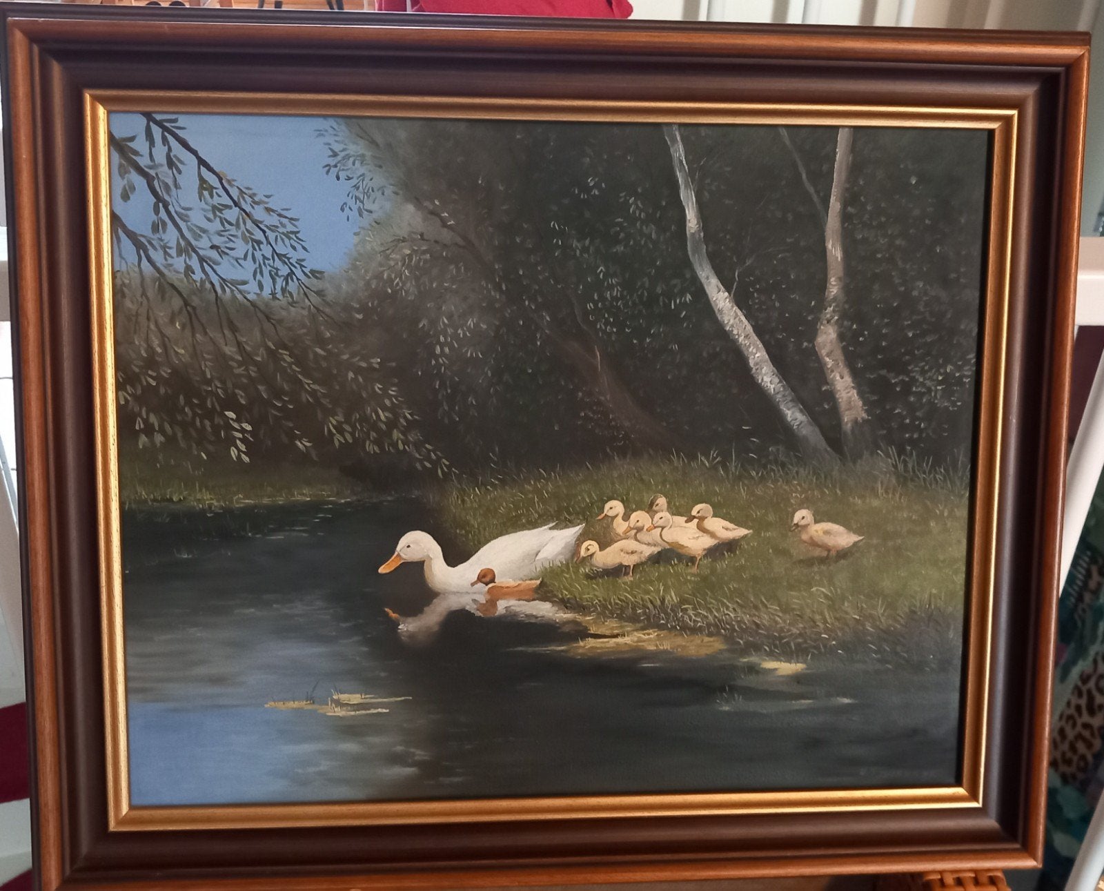 Schilderij Eend met kuikens aan het water - Gesigneerd, Antiek en Kunst, Doek, Realistisch, Dieren, Ophalen of Verzenden