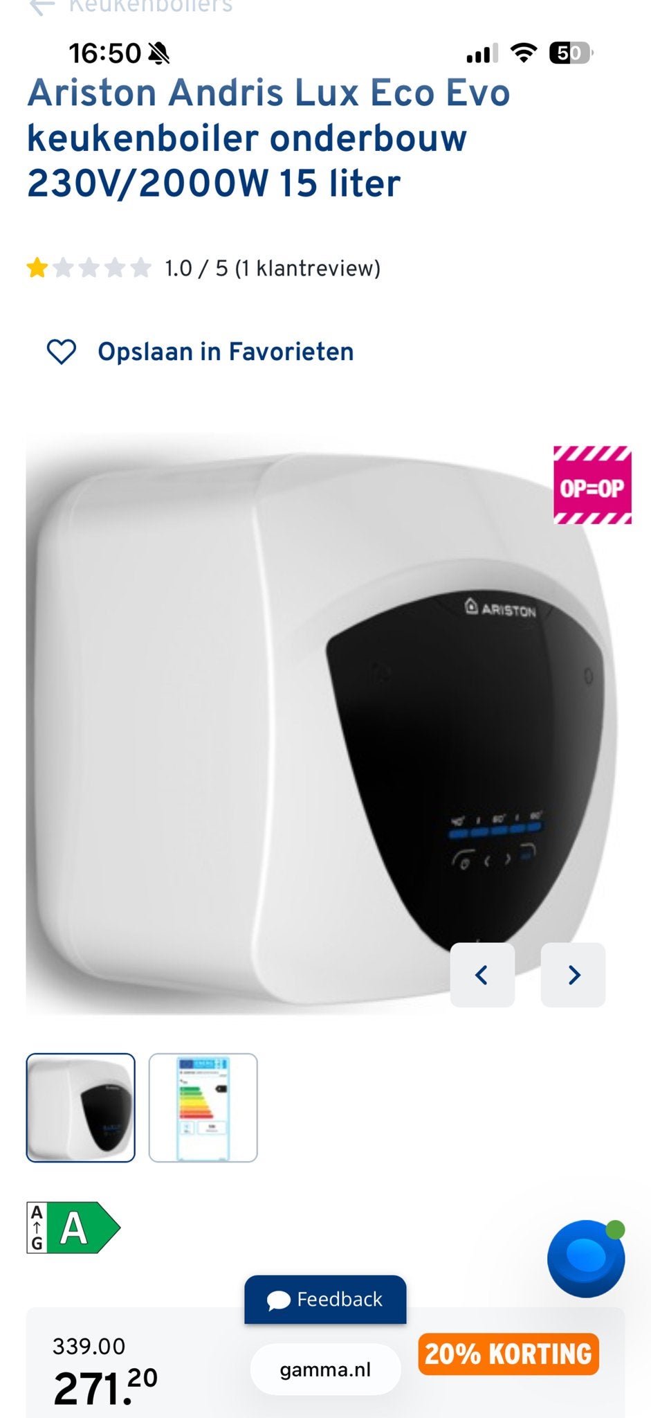 Nieuwe Ariston Andris 15 Lux Eco Evo boiler, Nieuw, Minder dan 3 jaar oud, Minder dan 20 liter, Boiler
