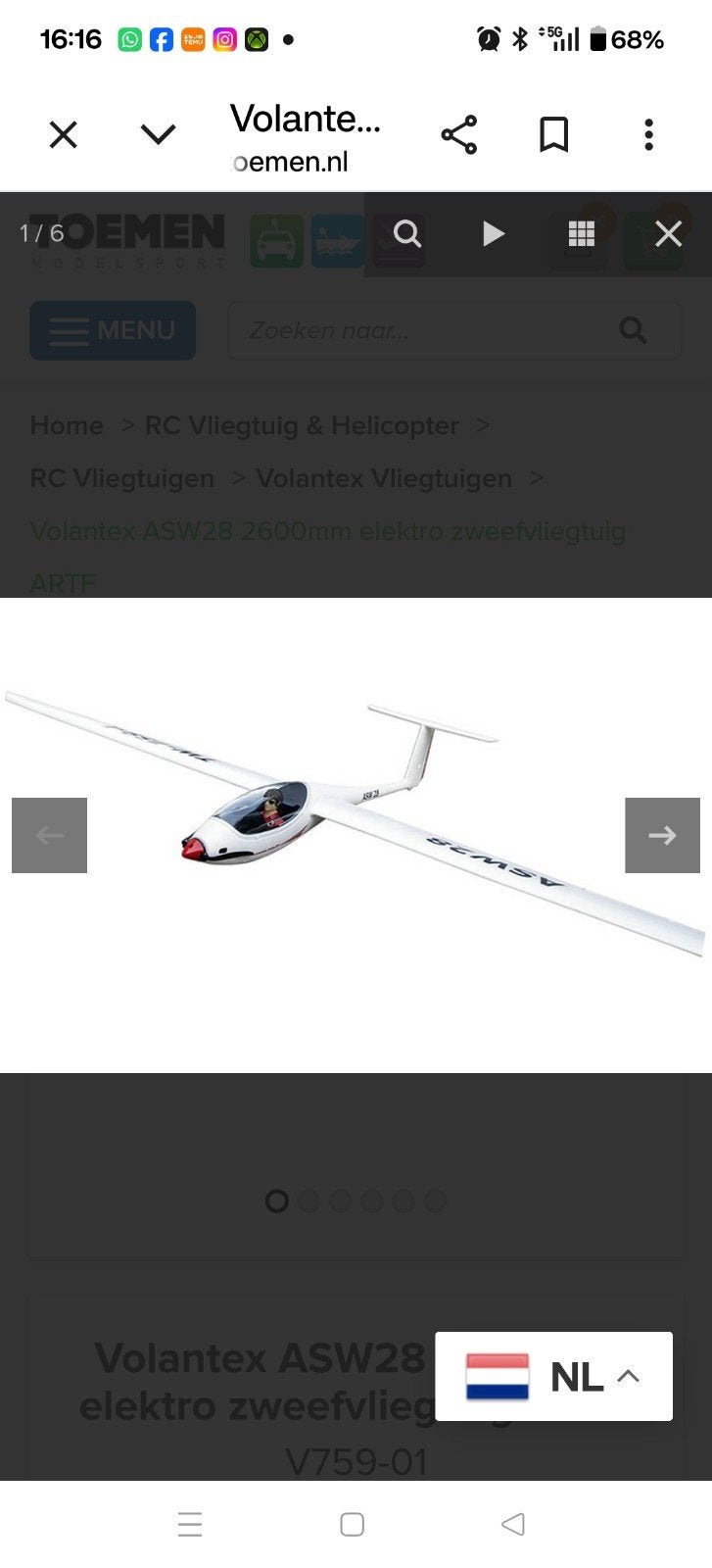 Volantex ASW28 Zweefvliegtuig - 2600mm spanwijdte, Hobby en Vrije tijd, Ophalen, Nieuw, Vliegtuig, Overige merken