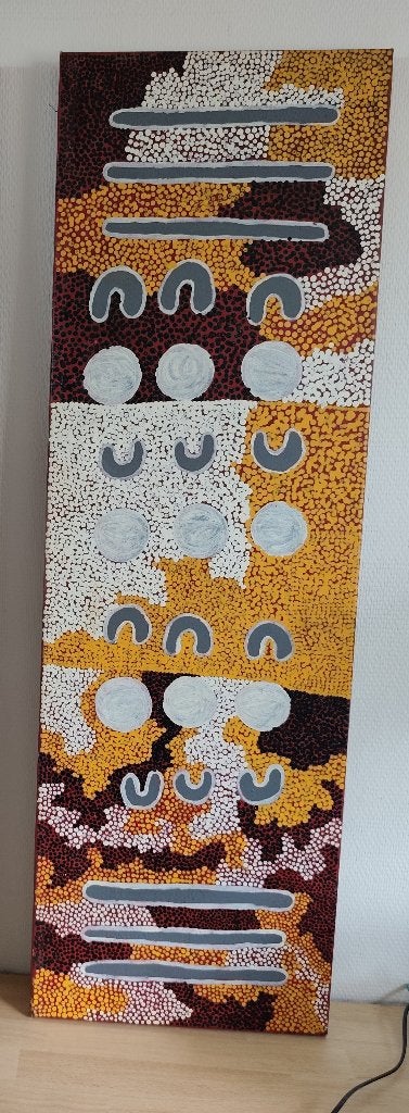 Aboriginal Art - Schilderij van A. Gibson, Antiek en Kunst, Ophalen of Verzenden, 112 cm, Meerkleurig, Handgemaakt