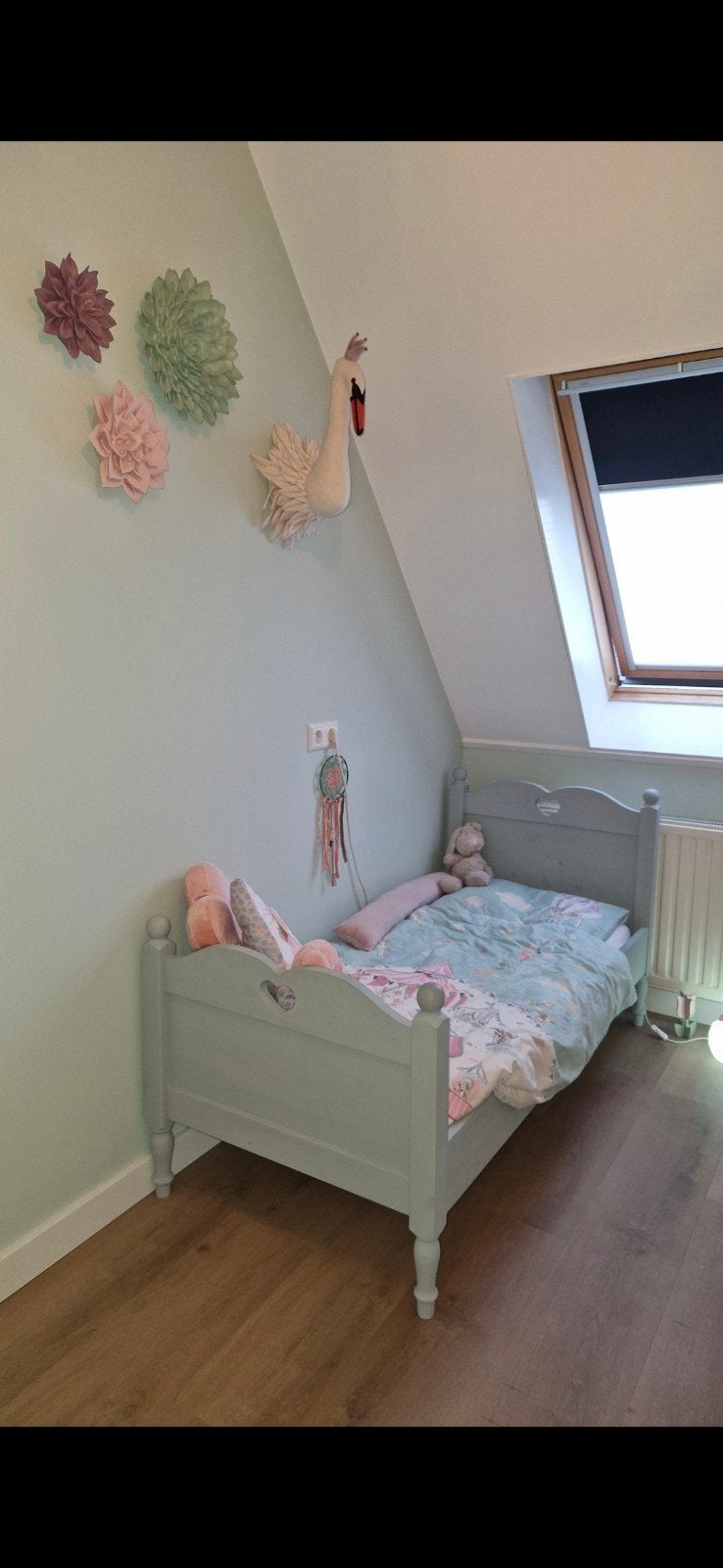 Peuterbed hartje mintgroen met matras en beddengoed, Gebruikt, 70 tot 85 cm, Matras, 140 tot 160 cm